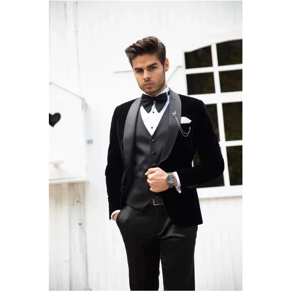 Business Wedding Wear Costume Homme Black Velvet Men Suits Groom Tuxedos Terno Masculino Slim Fit 3 Pieces (Jacket+Pant+Vest)