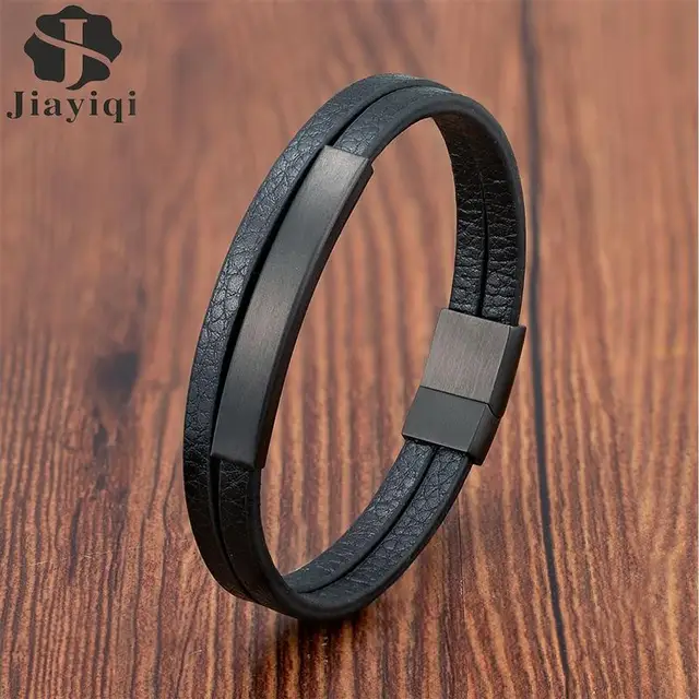 Simple Style Men's Black Genuine Leather Bracelet Classic Stainless Steel Insert Double-layer Braid Bangles For Men Friend Gift 1