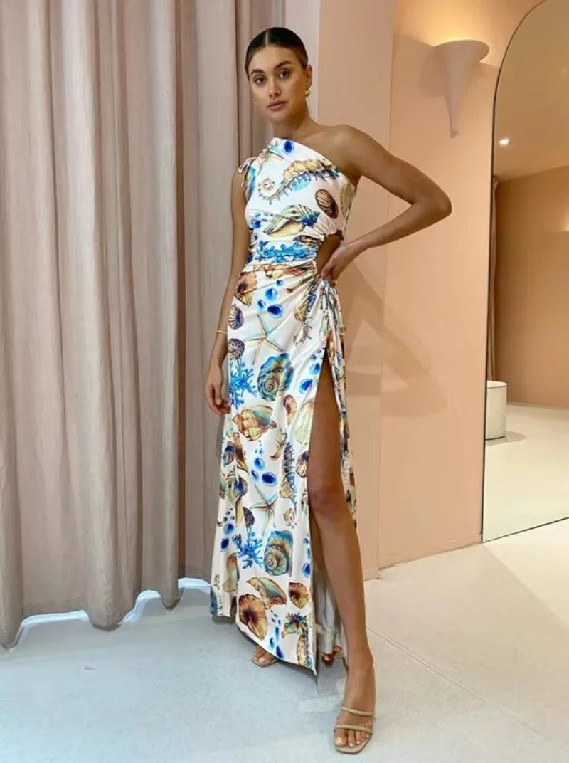 

Bohemian Vacation Women's Long Dress Diagonal Shoulder Sexy Drawstring Split Sleeveless Maxi Dress For Women Vestidos De Mujer