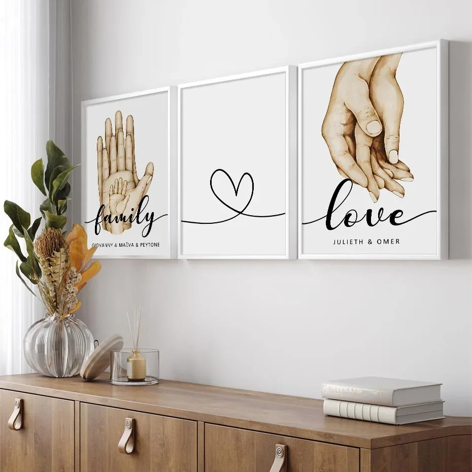 Family Hands Wall Art Custom Names Fist Heart Poster Boho Canvas Painting Print Picture Nordic Baby Kids Room Bedroom Home Decor