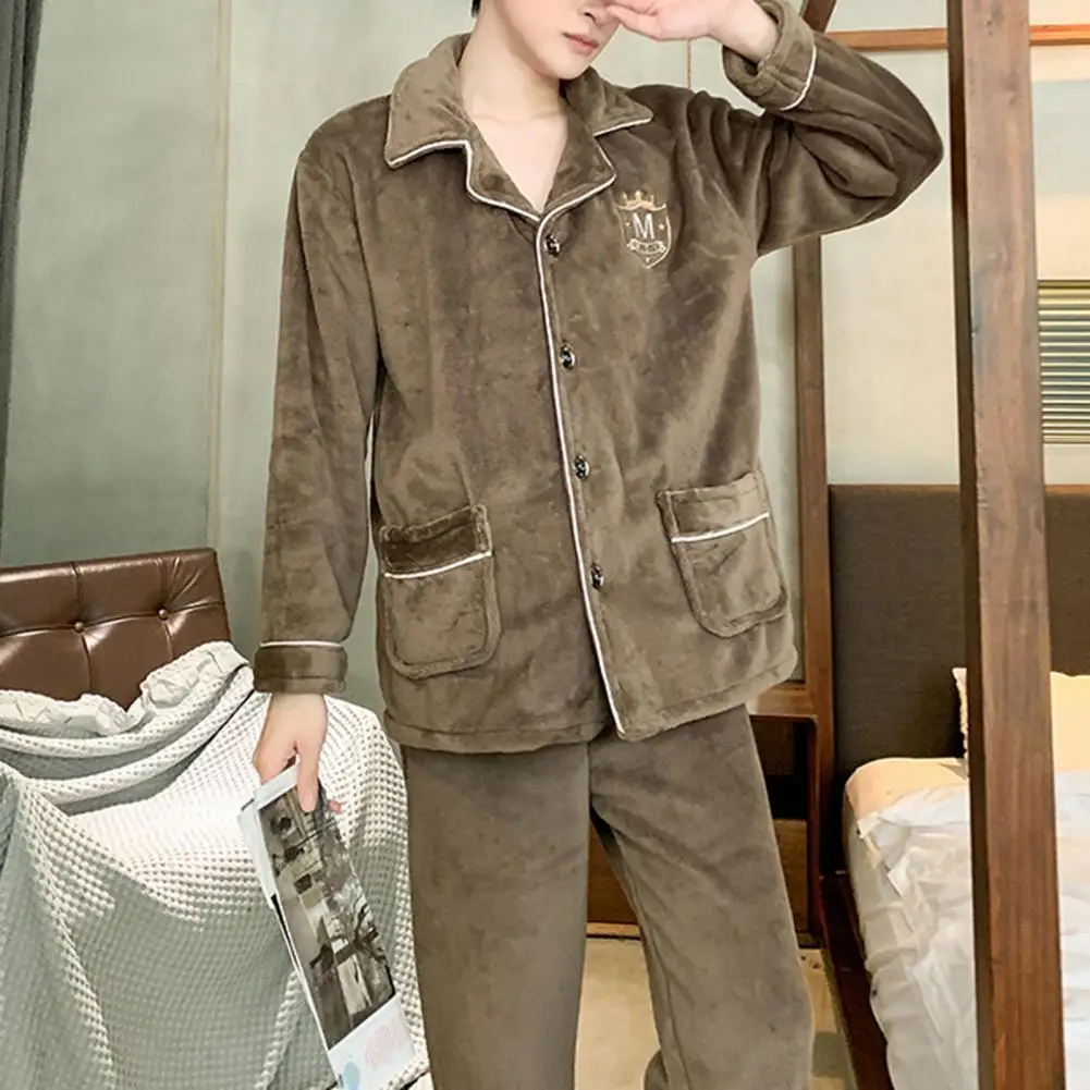 Men Winter Pajamas Set Lapel Thicken Plush Warm Flannel Pajama Set Warm Flannel Two-piece Homewear Men Pajamas Home Loungewear
