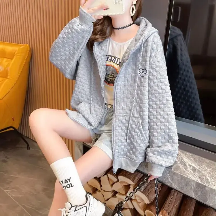 여성 니치 디자인 월프 체크 집업 후디 맨투맨, 루즈핏 얇은 트렌디 가디건 재킷, 용수철 가을