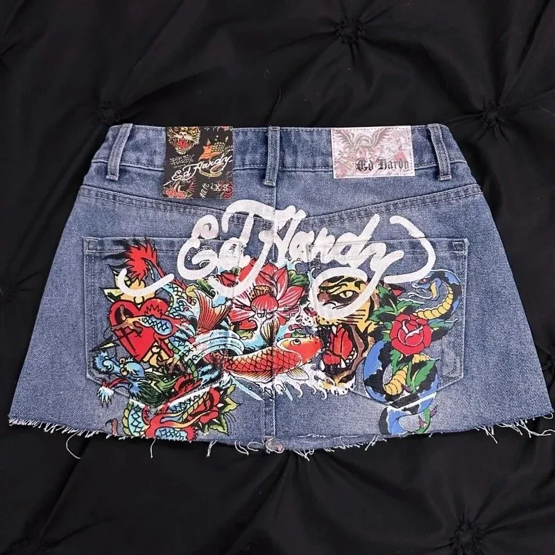 Harajuku Goth Style Print Retro Sexy Mini Skirt Sweet Y2K Cool Hot Girl Blue Denim Skirt High Waist Slim Skirt Streetwear New