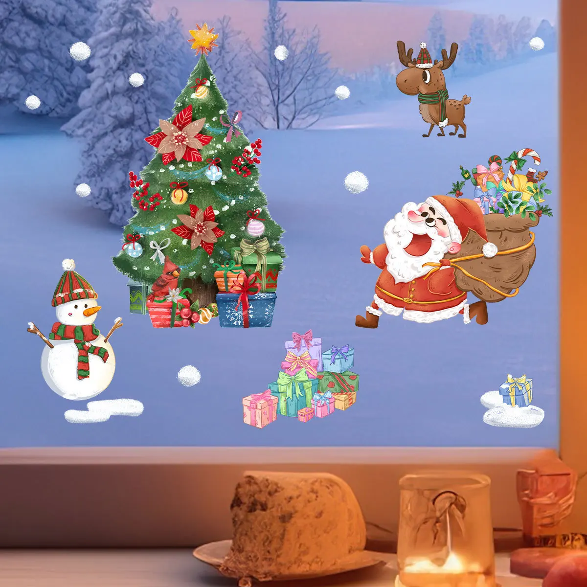 Double-sided Vision Christmas Window Stickers Snowman Santa Claus Glass Static Sticker New Year Christmas Decorations