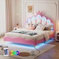Rosahqnda Lit enfant pour filles 90x200cm, lit simple 140x200cm, lit double, lit enfant en forme de couronne de princesse, tête de lit réglable 5