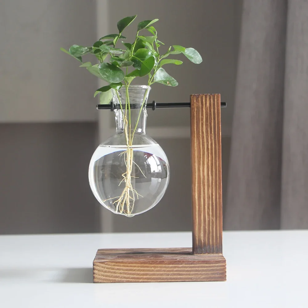 Bulb Vase Transparent with Wooden Stand Desktop Glass Planter for Hydroponics Plants Coffee Shop Room Decor