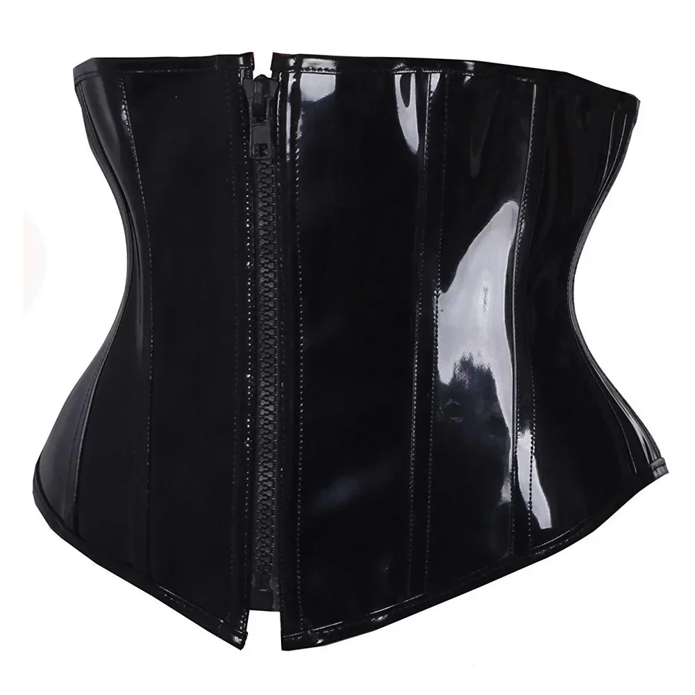 Black Women Leather Corset Underbust Top Body Shaper Waist Cincher Bustier Zipper Sexy PVC Corselet Plus Size