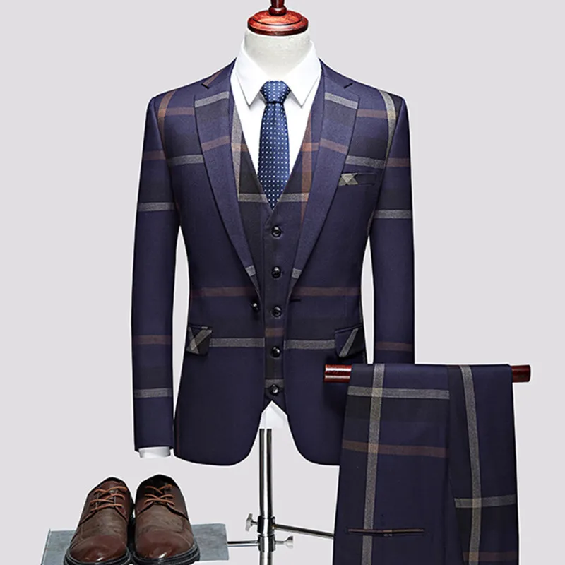 3 Pcs Suits Set Coat Vest Pants / Fashion Men's Casual Boutique Business Plaid Slim Formal Dress Blazers Jacket Waistcoat