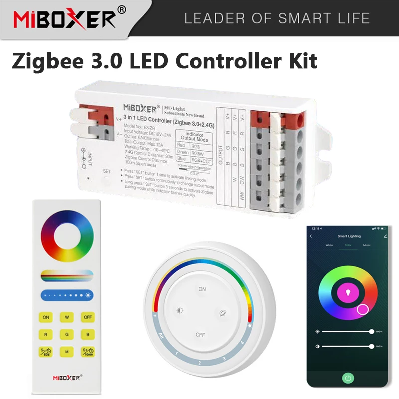 

Светодиодный регулятор яркости Zigbee 3 в 1, 2,4G, Радиочастотное управление RGB/ RGBW/ RGBCCT Miboxer, бесинструментальная мгновенная проводка для Alexa Google Home