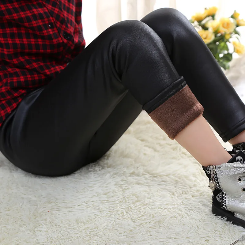 Little Girls Leggings Winter Kids Thick Velvet Leggings Pencil Pants Children Warm Trousers Faux PU Leather Legging Slim Pants