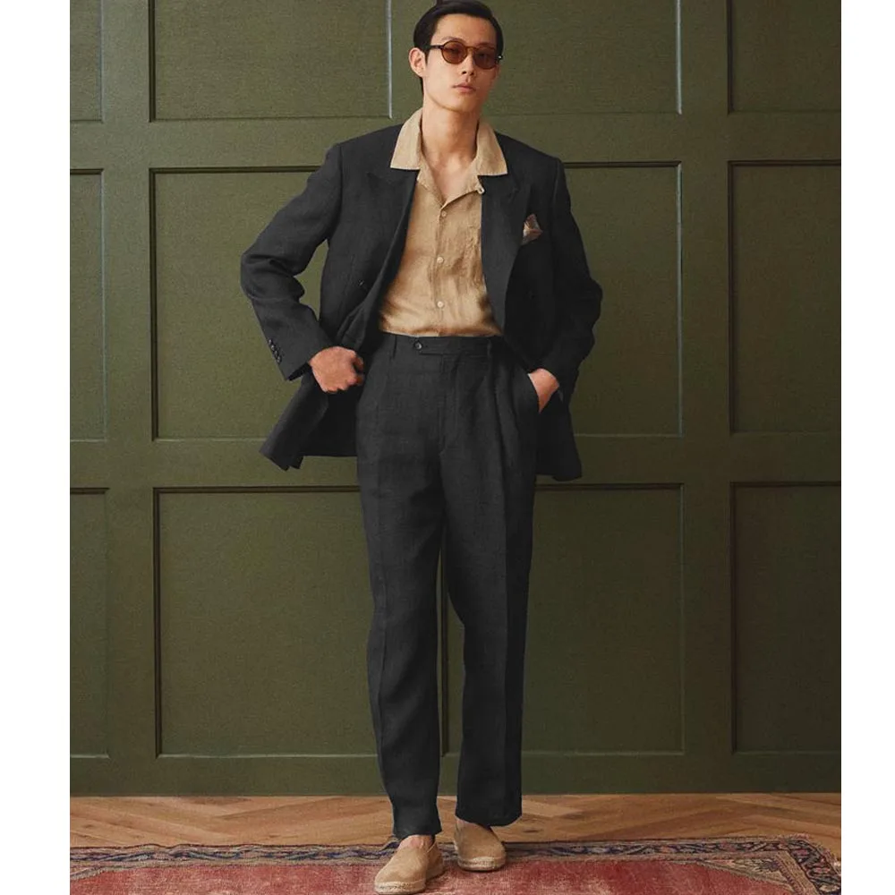 

Suite for Man New Flax Men's Two-piece Luxury High-quality Casual Suit Elegant Mens Suit Pants Set Men's Summer Suits Male Full