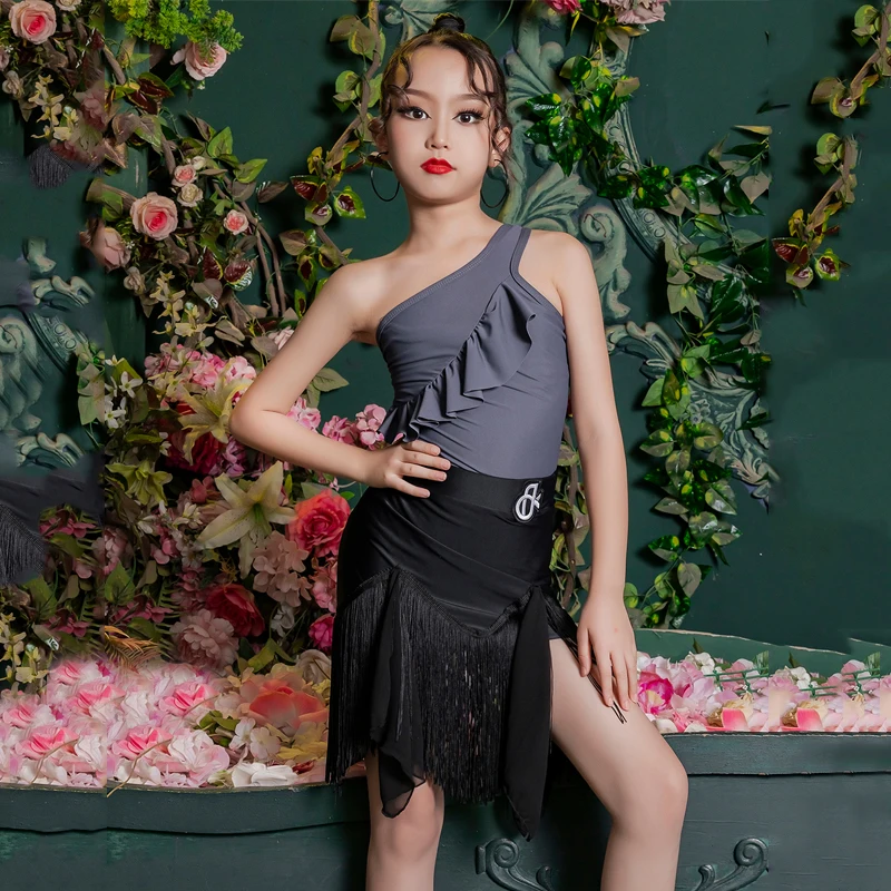 

Kids Performance Latin Dance Costumes Diagonal Shoulder Top Tassels Skirt Girls Ballroom Dance Competition Clothes SL8776