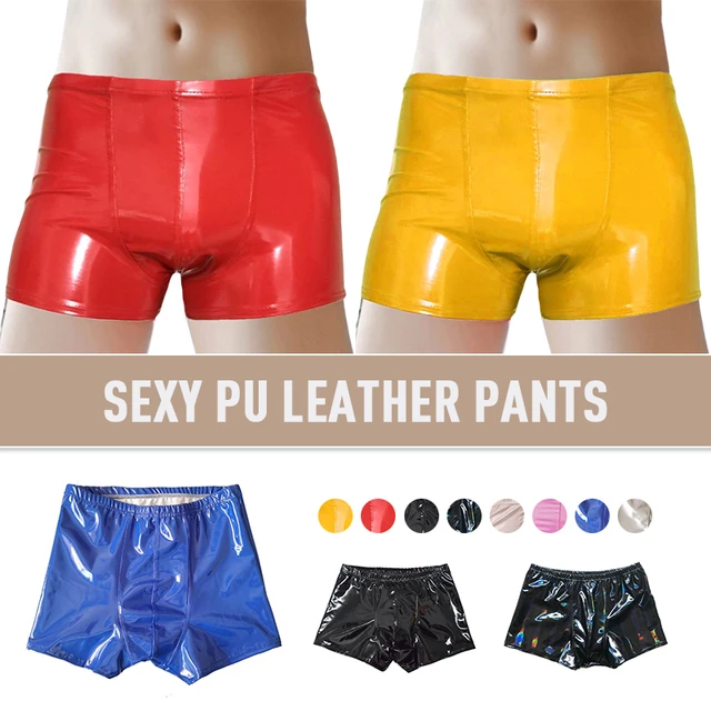 Men Sexy Wet Look Patent Leather Boxer Briefs Shiny Metallic Shorts  Underwear Swimwear Bottoms Pole Dancing