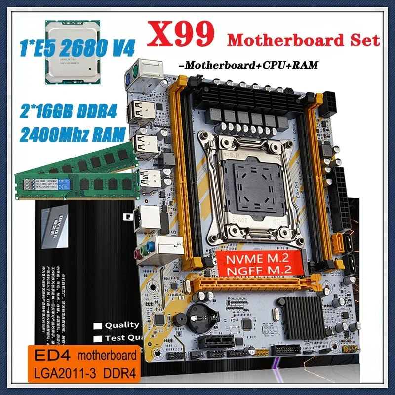 

X99 Motherboard Set Kit With Processor LGA2011-3 Xeon E5 2680 V4 CPU (2*16GB) 32GB 2400MHZ DDR4 RECC RAM Memory M-ATX NVME M.2