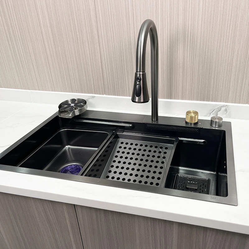 30 inch Single Bowl Trends Metal Grey Stainless Steel Kitchen Sink With Rainfall Faucet & Pull Lefton