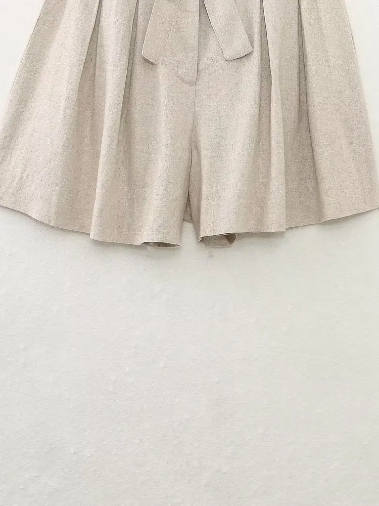 Jenny&Dave Belted Ladies Loose Bermuda Women French Country Linen Beige Lounge Shorts