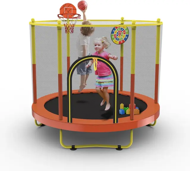 60" Trampoline for Kids with Net, 5FT Indoor & Outdoor Small Toddler Trampoline with Basketball Hoop & Dart Board for Ages 1-8, Birthday Gifts for Boys & Girls, Baby Toddler Christmas Toys