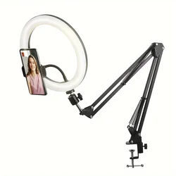 10 LED Selfie Ring Light with Adjustable Mobile Holder and Table Arm Stand for Photography and Live Broadcast (Black)