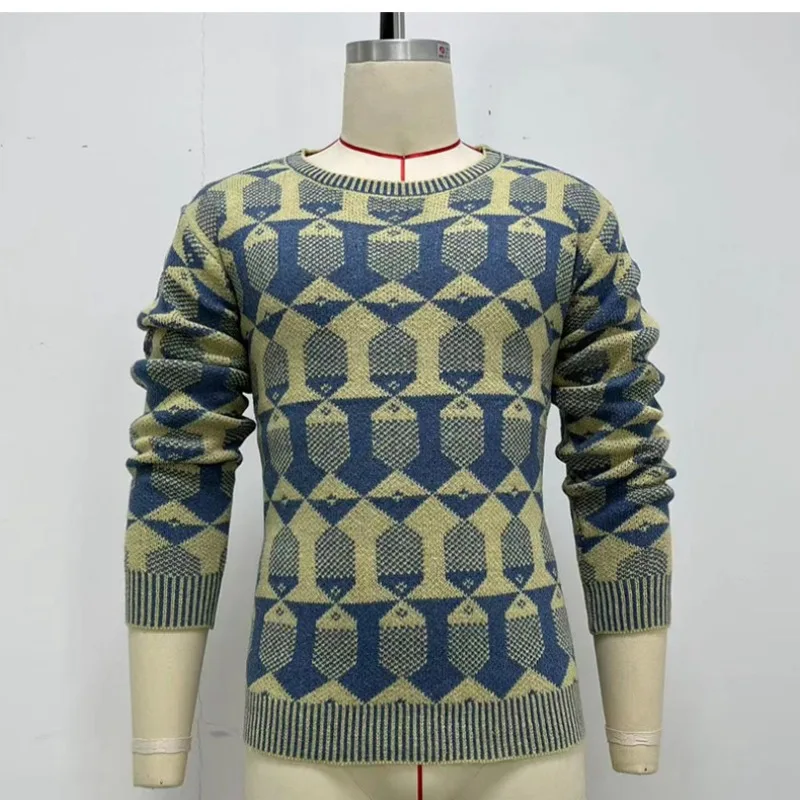 2023 Autumn and Winter Men's Pullover Round Neck Long Sleeve Geometric Screw Thread Jacquard Knit Sweater Fashion Casual Tops