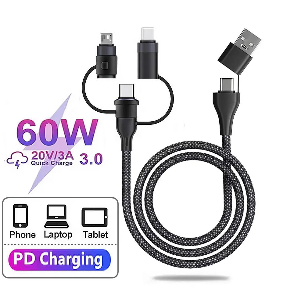 Versatile 5-in-1 Fast Charging Cable with USB-C, Micro USB, and Lightning Ports