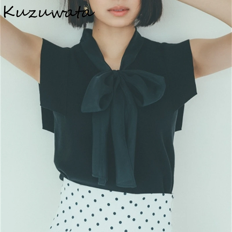 Kuzuwata 2022 Spring Japan Style Women Sweater Vintage Temperament Commuter Pullover Bow Sleeveless Knitted Bottoming Jumpers white sweater