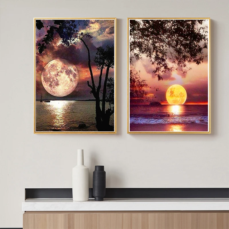 DIY 5D Diamond Painting Landscape Moon Night Tree Sea Cross Stitch Kit Full Drill Embroidery Mosaic Art Picture Wall Home Decor