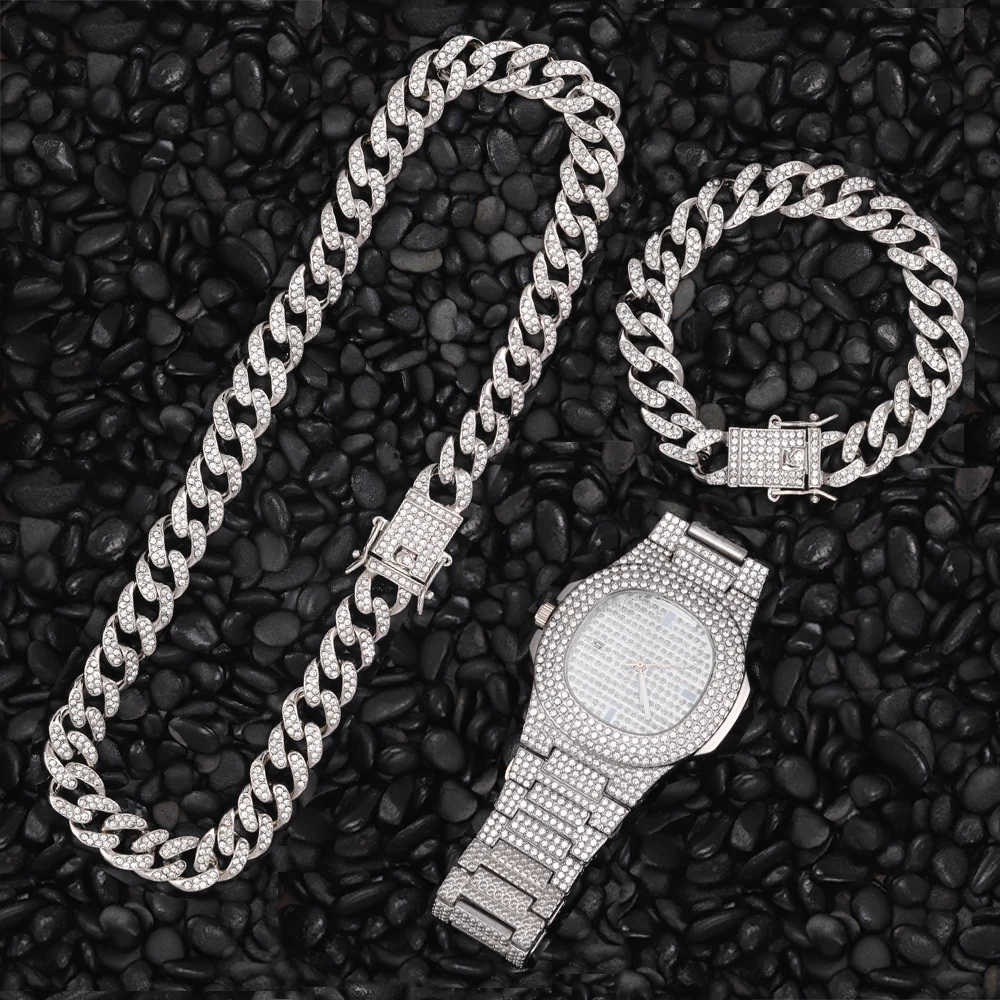 1-Kit-de-collar-reloj-y-pulsera-cadena-cubana-de-rapero-de-Hip-Hop ...