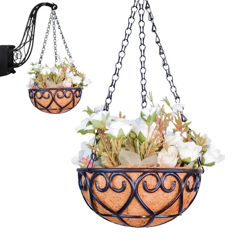 Hangings Plant Basket with Coconut Palm Liners Round Iron Chain Hanging Flowerpot Outdoor Flower Pots Patio Lawn Garden Decor