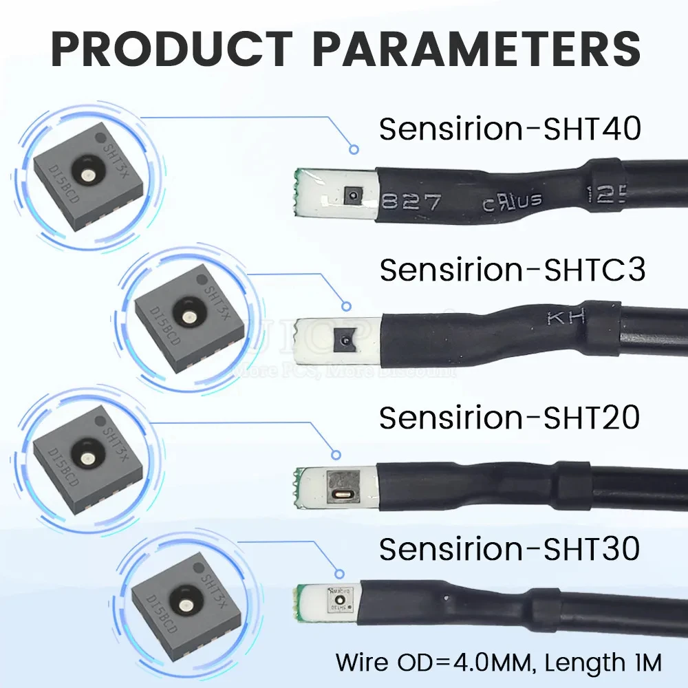 Temperature Humidity Sensor Probe Cable Metal Head Digital Capacitance Sensors 1M Length I2C Output SHT20 SHT30 SHT40 SHTC3