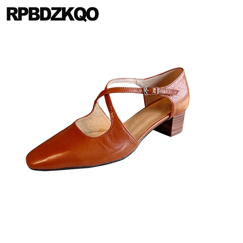 

Sheepskin Brown Shoes Buckle Mary Jane Wooden Women Thick Small Size Pumps Cross Strap Real Leather Medium Heel Square Toe 33