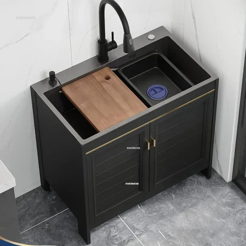Stainless Steel Large Kitchen Sinks Integrated Cabinet Floor-standing Washing Sink with Cabinet Multifunctional Single-slot Sink