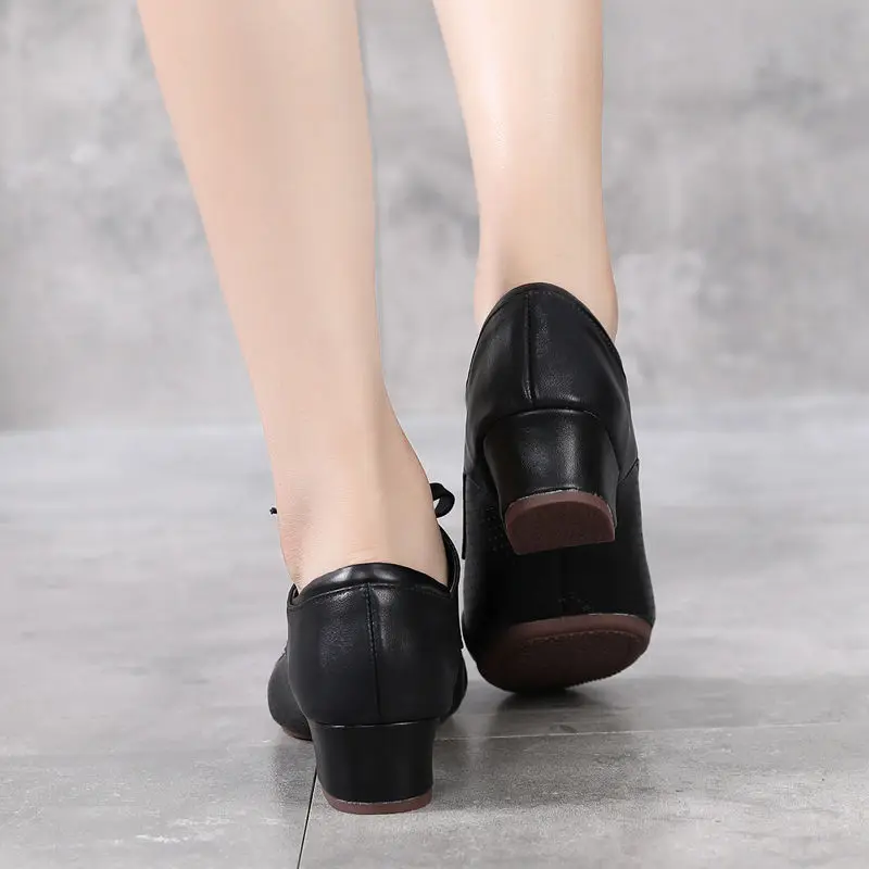 Cowhide Shoes Women soft Rubber sole Latin Dance Shoes Social Dance Shoes Four Seasons square Breathable Perforated Shape