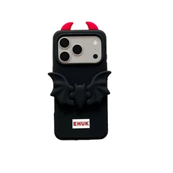 Devil Horns Bat Silicone Stand Holder Phone Case - Soft, Shockproof & Fun Back Cover - iPhone 12 Pro Max (Black)