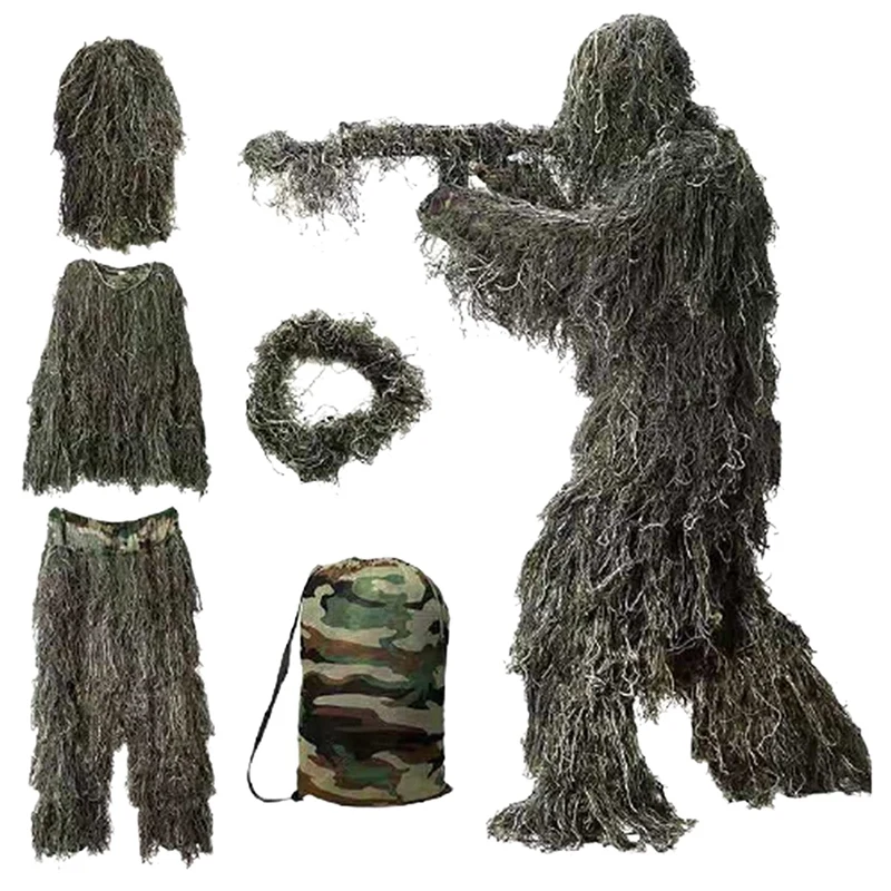 5 In 1 Ghillie Suit 3D Camouflage Outdoor Hunting Apparel Jacket Pants Hood Carry Bag