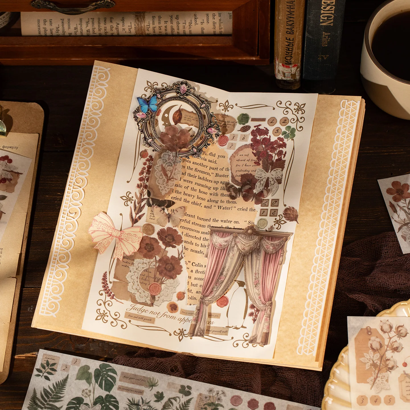 6PCS 와시 종이 빈티지 식물 스티커 스크랩북 저널 플래너용 레트로 식물 장식