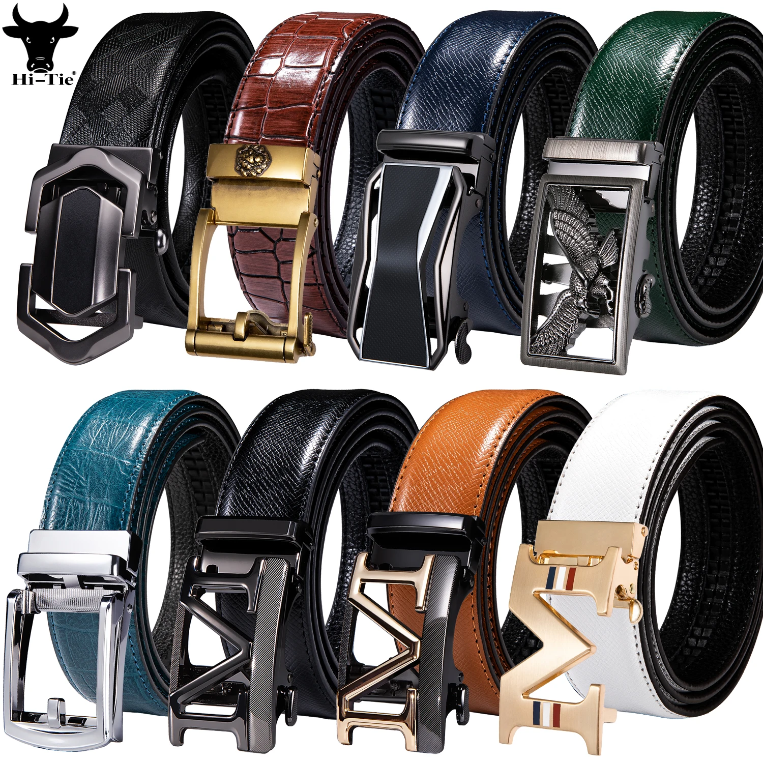 

Hi-Tie Black Brown Green Orange Mens Belts Genuine Leather Straps Automatic Buckles Ratchet Dress Jeans Waist Belt for Men Pants