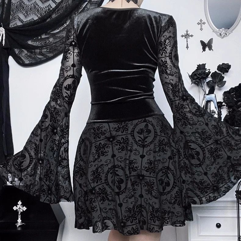 Vestidos cortos de terciopelo negro Y2K para mujer, mangas acampanadas, cintura estrecha, con cordones, corte en A, para fiesta de cumpleaños, góticos, para Halloween.