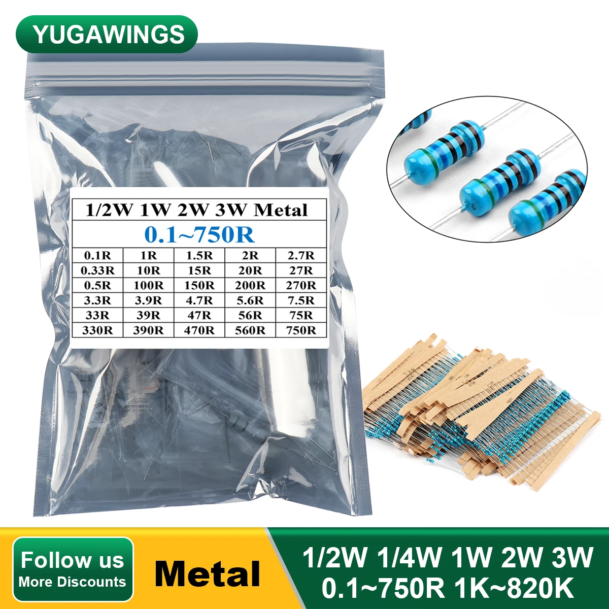 150/300/600Pcs Metal Film Resistor Kit 1/2W(0.5W) 1/4W(0.25W) 1W 2W 3W 30Value Color Ring Assortment Kit 5% 0.1~750R 1K~820K 120 600pcs 3mm 19mm 304 stainless steel e clip washer assortment kit circlip retaining ring for shaft fastener