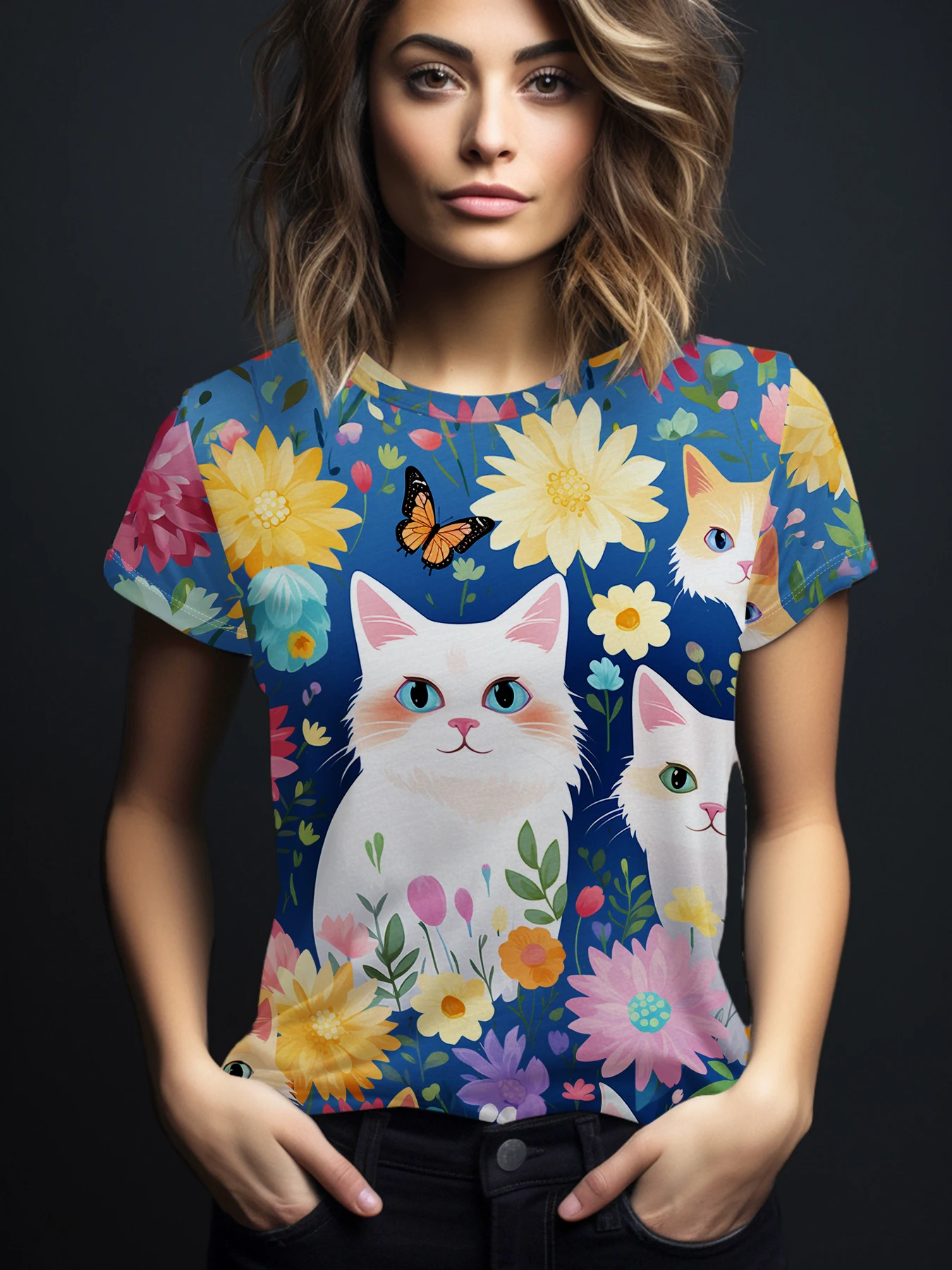 

Футболка с кошачьим принтом 3D, повседневный топ с коротким рукавом и круглым вырезом для весны и лета, женская одежда 180 г, качество молочного шелка