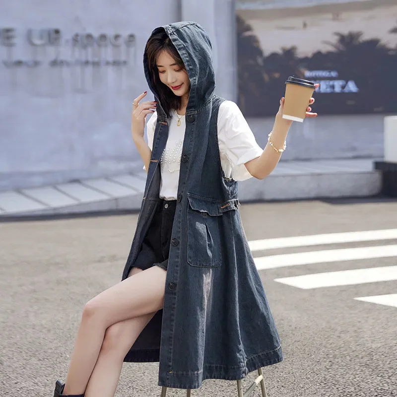 Denim Vest Dress Mid-Length 2022 Spring Autumn Korean Version The Trend Fashion Large Pocket Female Vest Strap Skirt