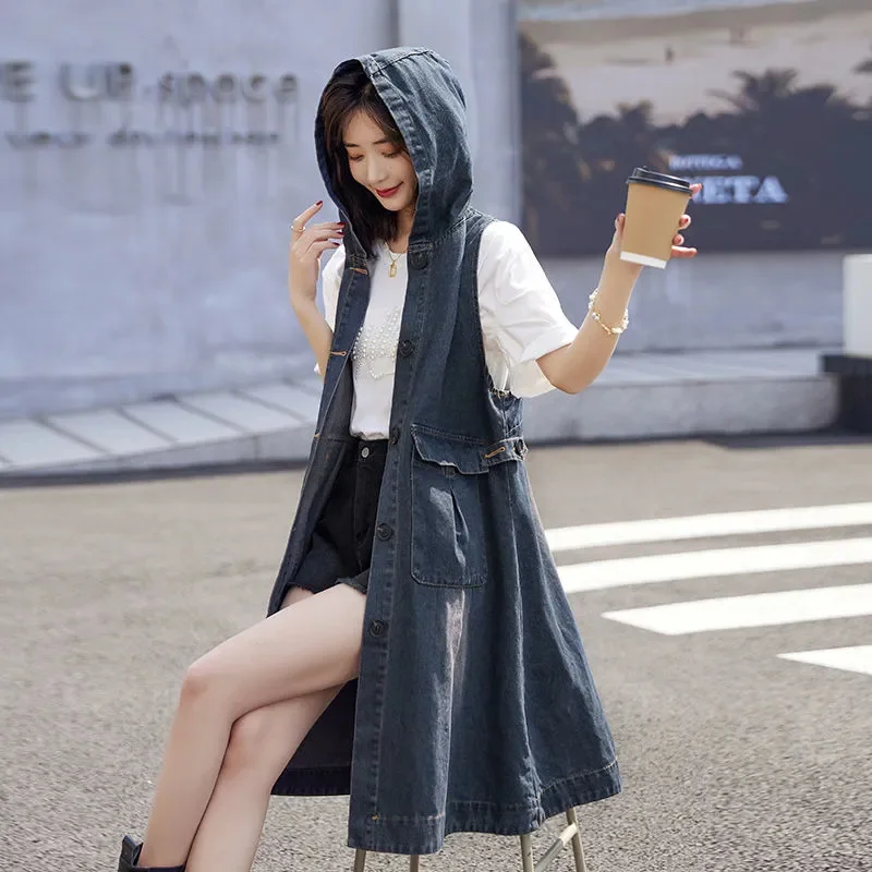 2023 new men s denim shorts ripped five quarter pants trend korean version slim mid length pants summer thin style loose jeans Denim Vest Dress Mid-Length 2022 Spring Autumn Korean Version The Trend Fashion Large Pocket Female Vest Strap Skirt