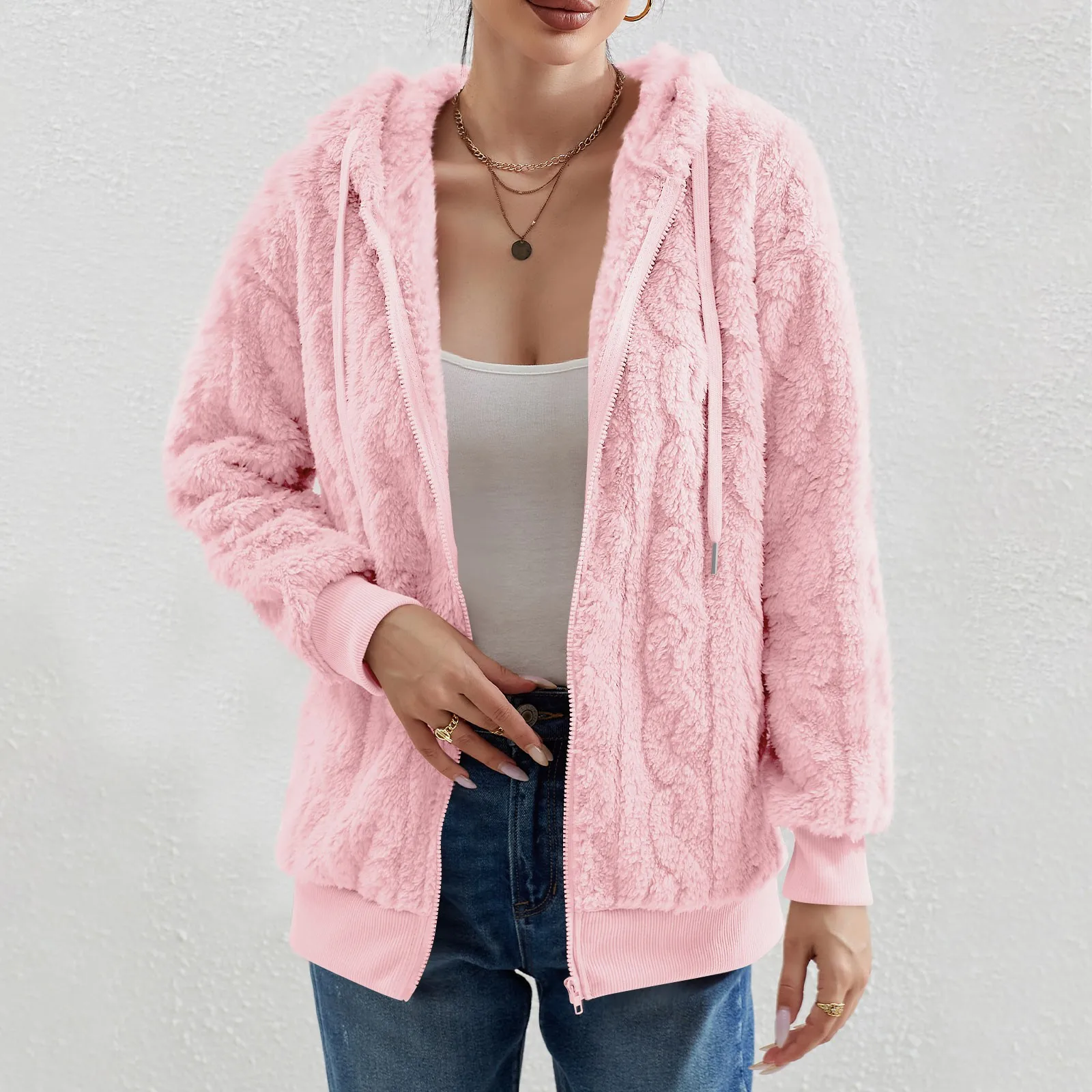 

Женский свитер, пальто, плюшевая однотонная куртка с капюшоном, Кардиган большого размера на молнии, теплая свободная флисовая куртка на осень и зиму