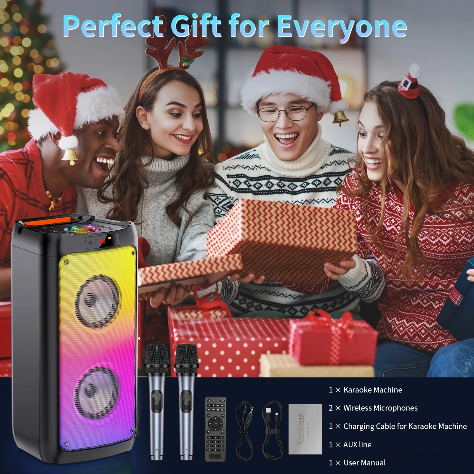 Wireless Bluetooth Speaker Karaoke Machine with 2 Microphone Home Karaoke System with LED Party Light Remote Control