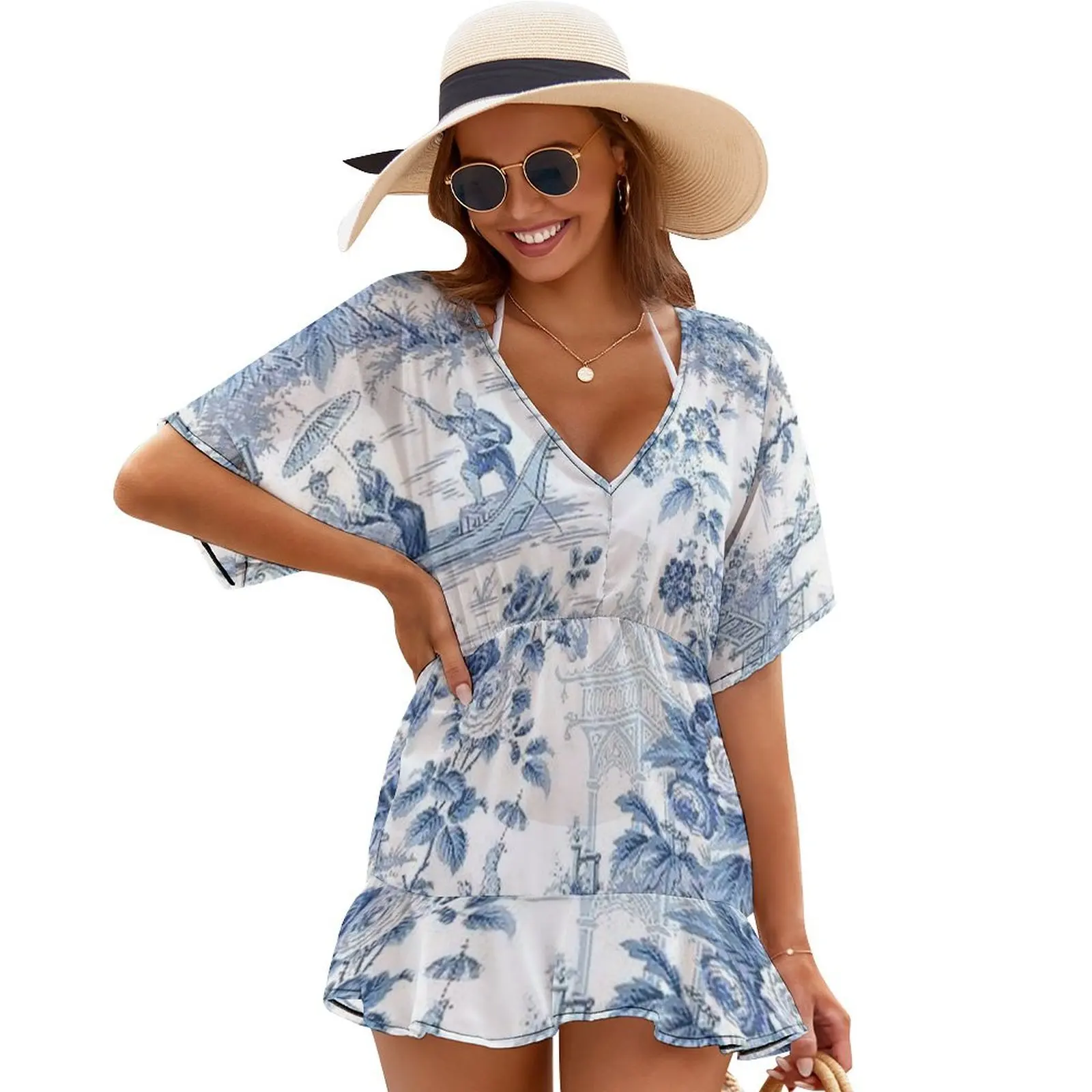 

Powder Blue Chinoiserie Toile Cover Ups woman dress elegant dresses plus sizes women dresses women's evening dress 2024