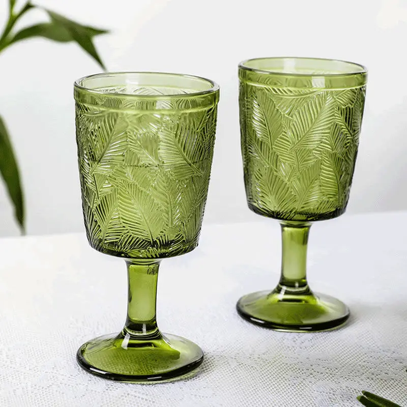 Vintage Leaf Embossed Colored Goblet 340ml Green Pink Blue Clear Wine Glasses  Goblets Stemware Glass Cup 1PC Table Decor - AliExpress