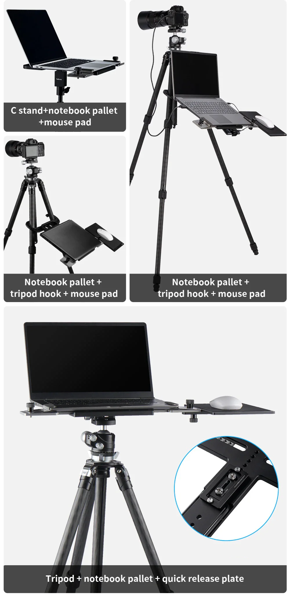 Selens Fotografie Notebook Paletten halter tragbare 1/4 Schraube übergroße Werkbank mit rutsch festen Stativ Haken Mauspad für C-Ständer – Detail 2