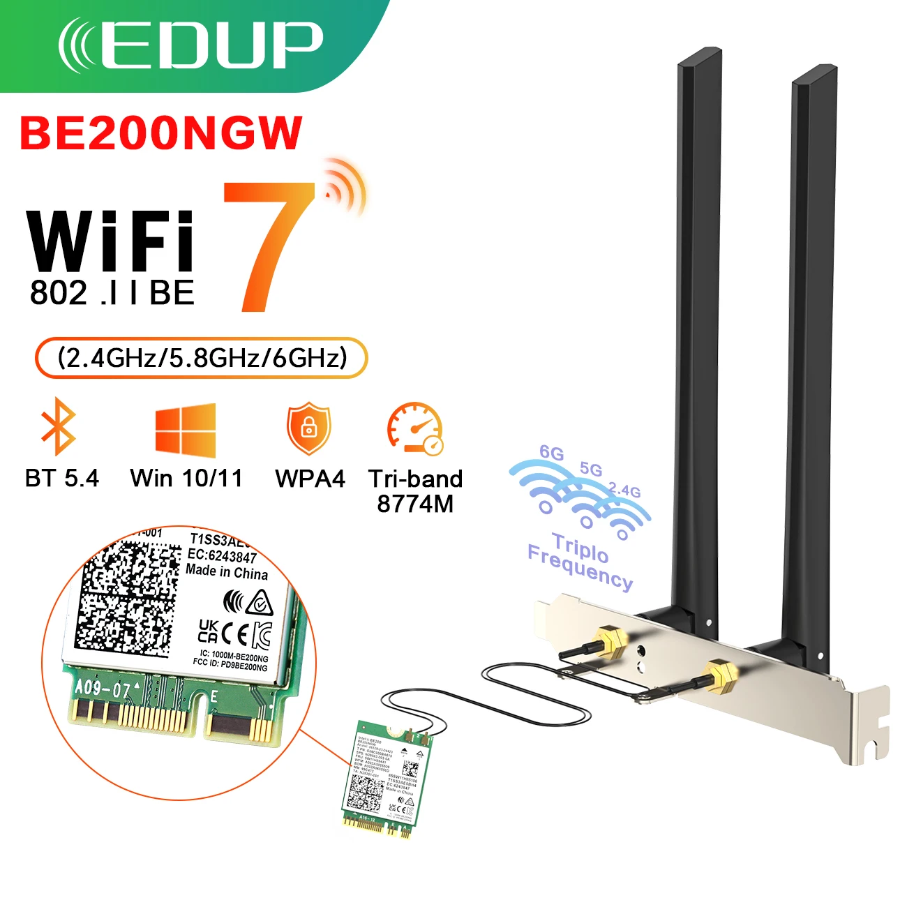 Edup Wifi 7 Scheda Di Rete Bluetooth 5.4 8774Mbps Adattatore Wifi 2.4/5/6Ghz Be200Ngw M.2 Adattatore Wireless Ngff Migliore Di Wifi 6E