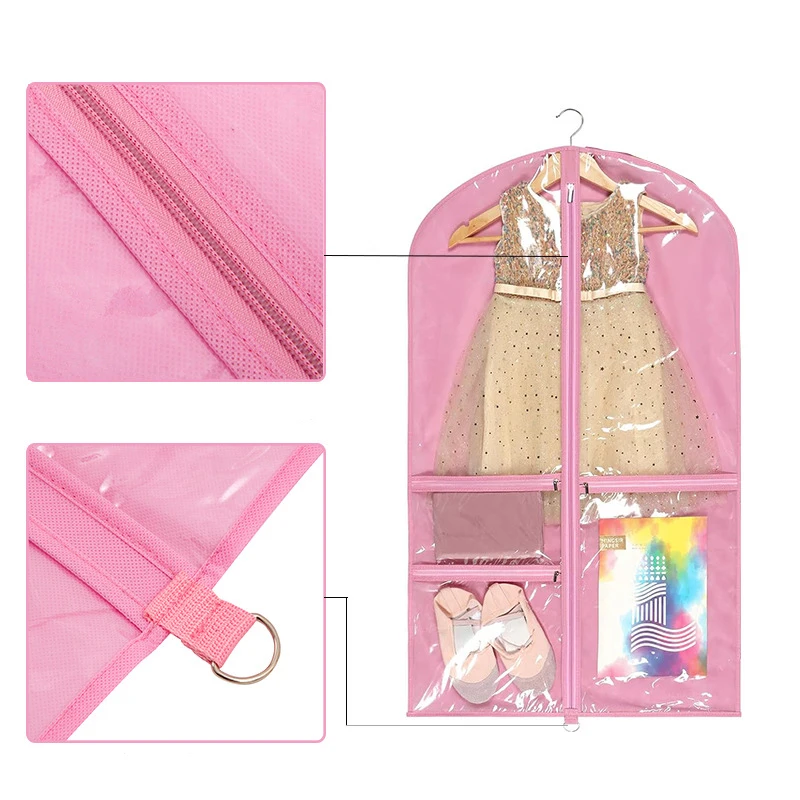 Pink Purple White Black 40" Garment Bags Kids Non-woven Dust Bag for Travel Hanging Clothes Closet Storage with Zipper Pockets 3