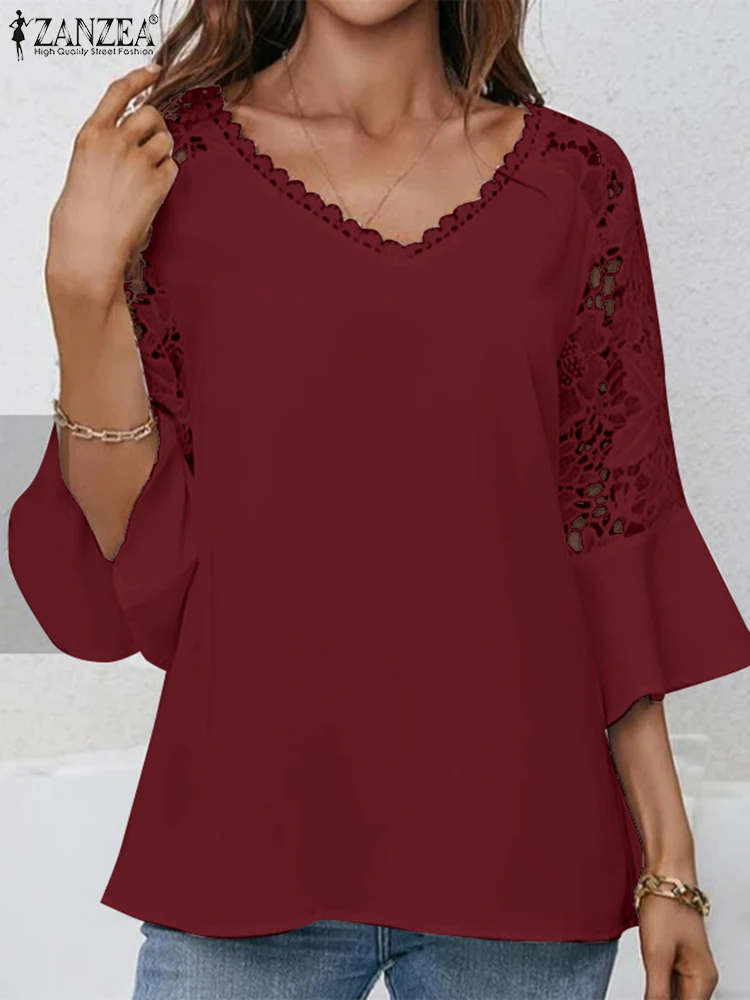 

2023 ZANZEA Summer Casual Holiday Blouse Femme Flare Sleeve Tops Woman V-Neck Lace Patchwork Tops Bohemian Elegant Party Chemise