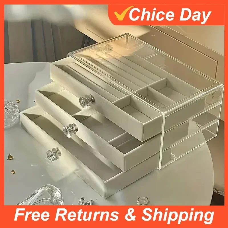2025-3Tier Dust-Proof Acrylic Jewelry Organizer Box, Elegant Modern Rectangular Tabletop Display Case Jewelry Boxes